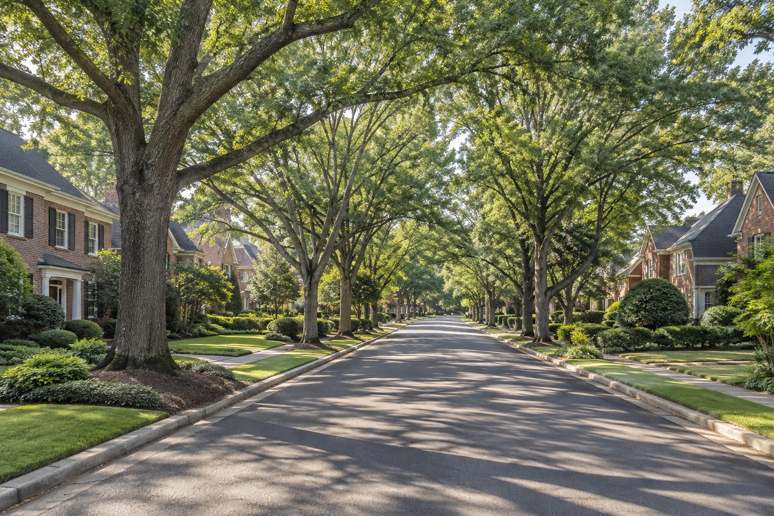 A Charlotte area residential street with mature trees, illustrative