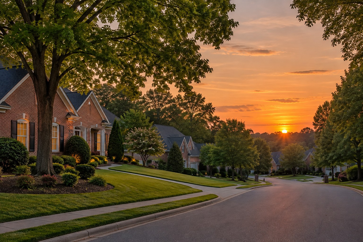 A Charlotte area street at sunset, illustrative