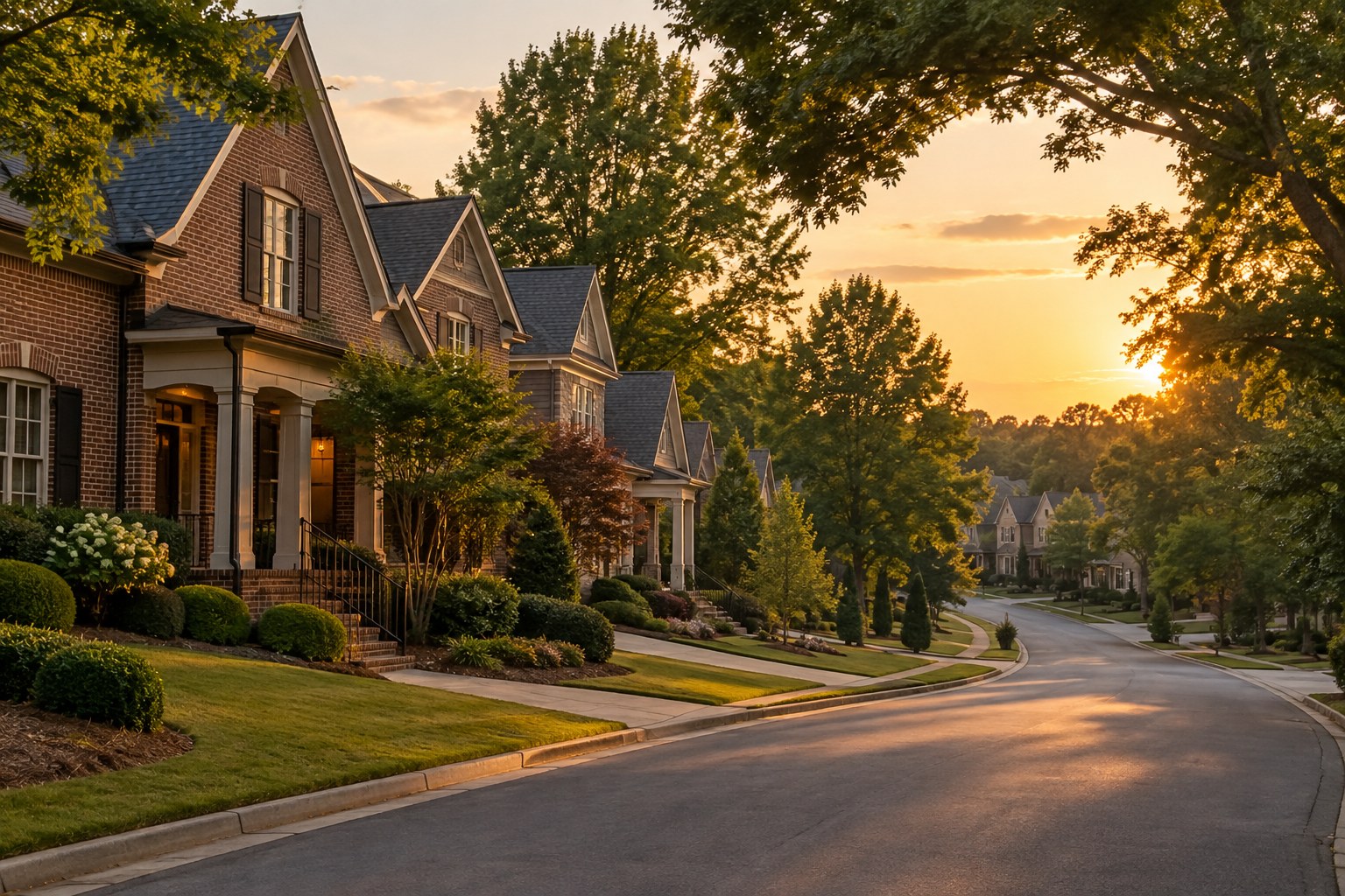 A Charlotte area neighborhood street at golden hour, illustrative