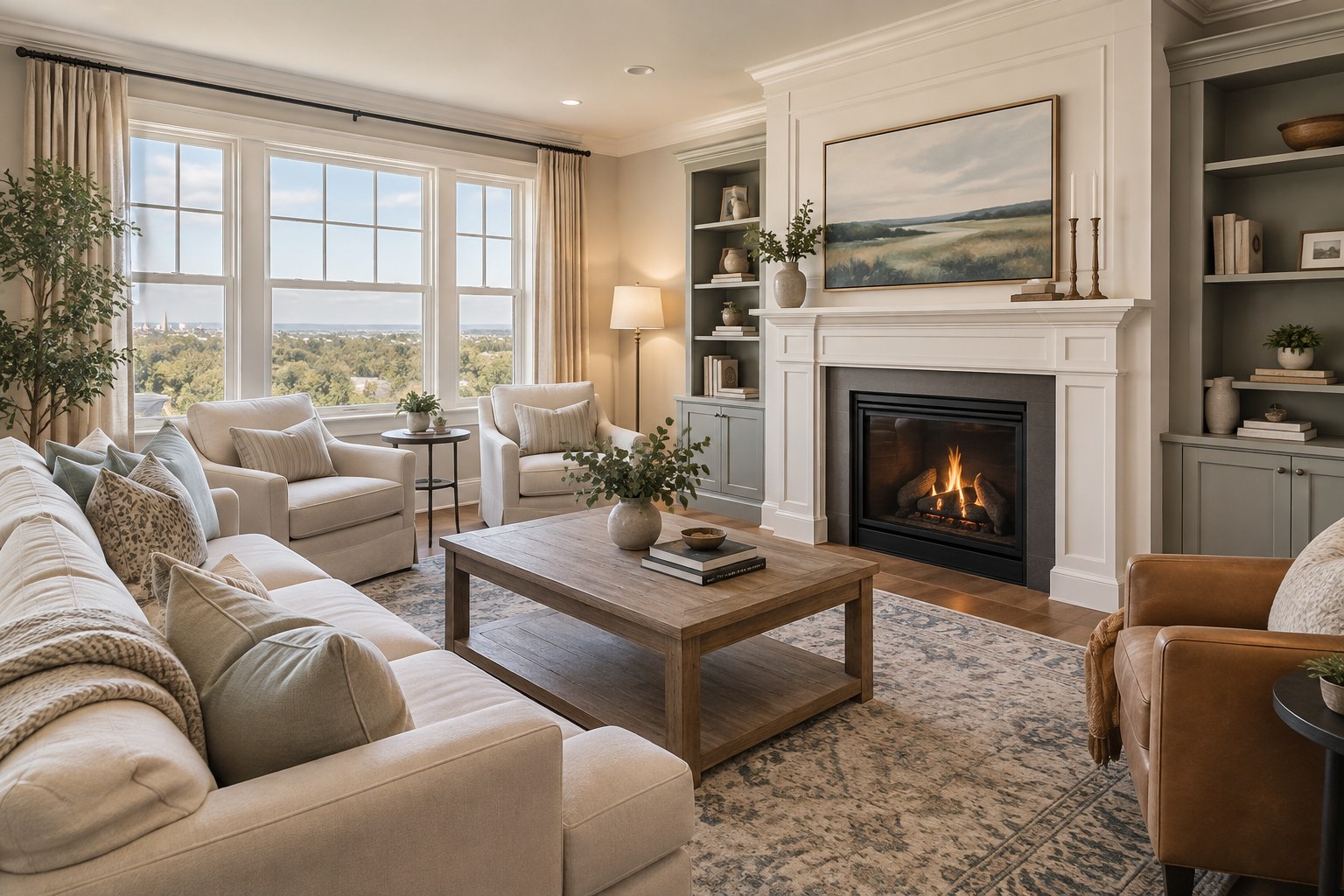 A cozy Charlotte area living room, illustrative